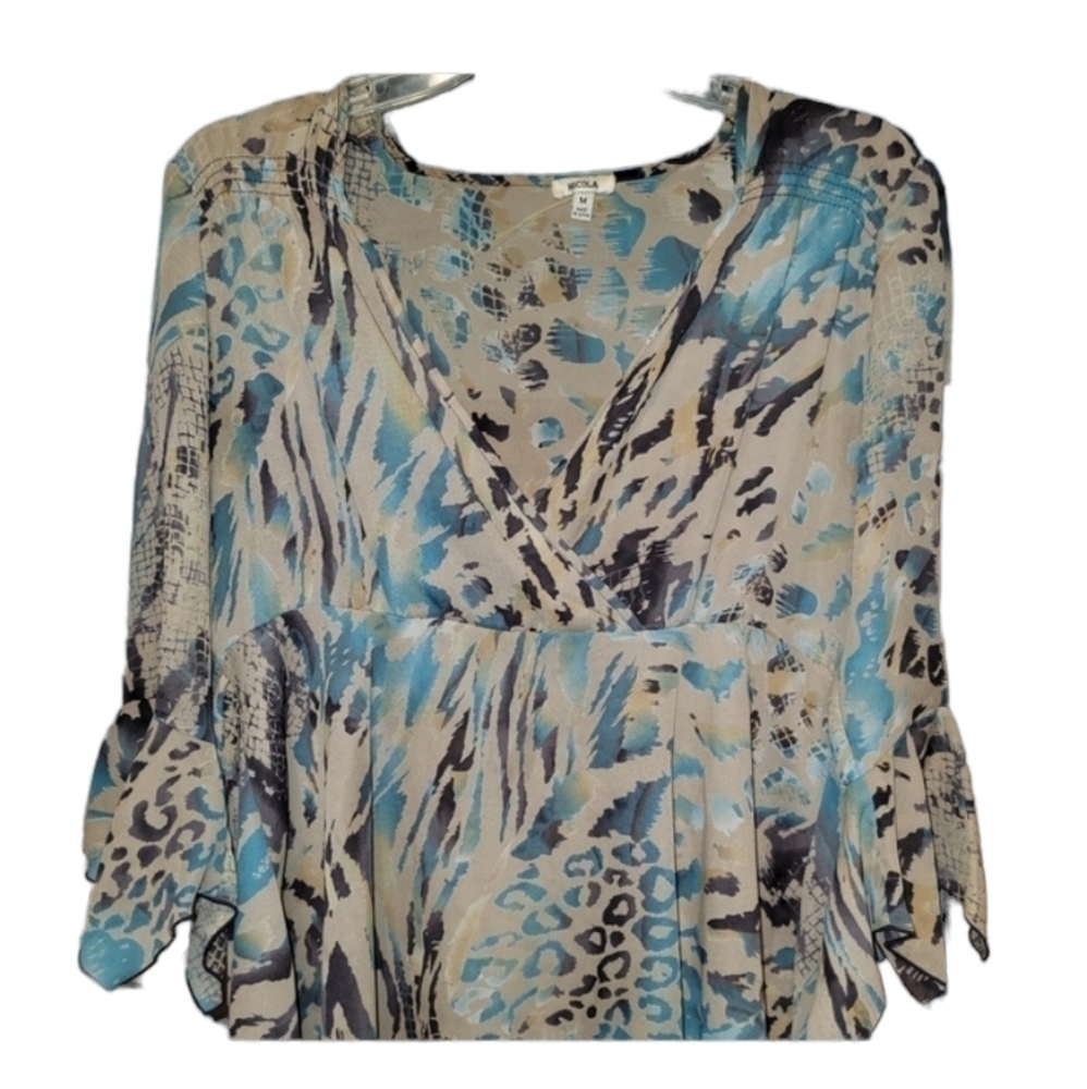 Nicola size medium top brown & blue animal print 3/4 bell sleeve v neck